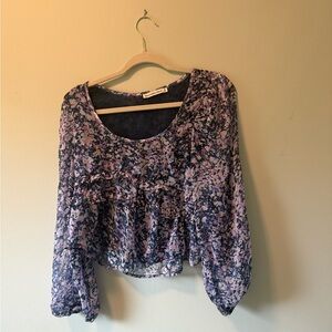 Abercrombie & Fitch Floral Sheer Sleeve Ruffle Blouse Purple